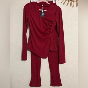 Two Piece Wine Red Outfit Ribbed Top & Pant Set